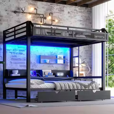 Harper Bright Designs Heavy Duty Metal Bunk Bed Queen Over Queen, Lower Bed Can Be Converted Into A 