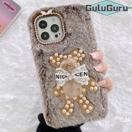 สำหรับ Samsung Galaxy A13 A23 A33 A53 A73 5G Furry Bear Caseน่ารักมุกตุ๊กตาหมี + คริสตัล Rhinestones กรณีกลับSoft Warm Faux Fur Plush Fluffy ป้องกัน Cover Shell