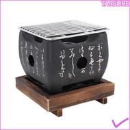 TARSUR Japanese Charcoal Grill, Cast Metal Black Hibachi Grill, Durable Non Stick Wooden Tray Square