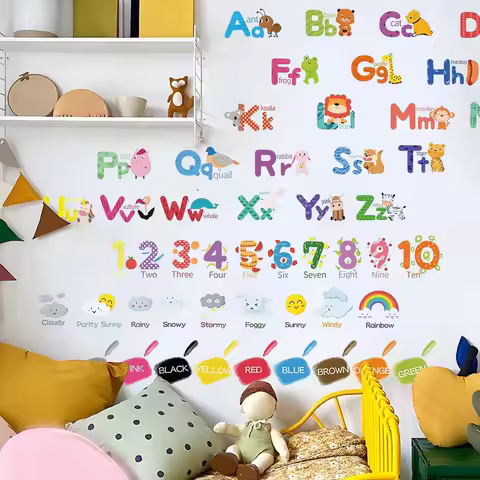 Cartoon Animal Alphabet Wall Sticker For Kids Room Nursery Scholl Classroom ABC Letters Numbers Wall