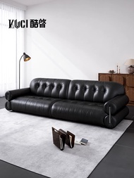 French leather sofa, big black cow, antique style, black top layer, cowhide, black sugar, cloud line
