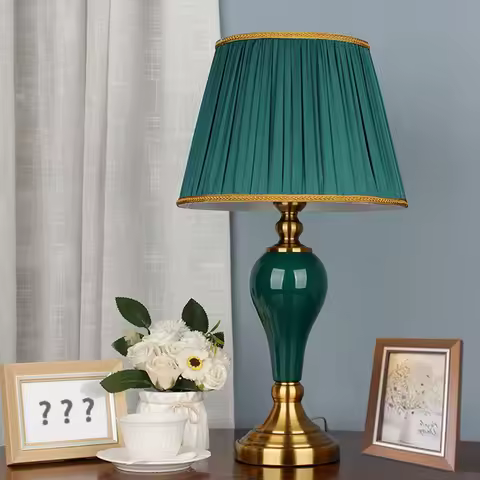 OUDELADI Chinese Style Green Ceramic Table Lamps European Cloth Cover Living Room Bedroom Bedside St