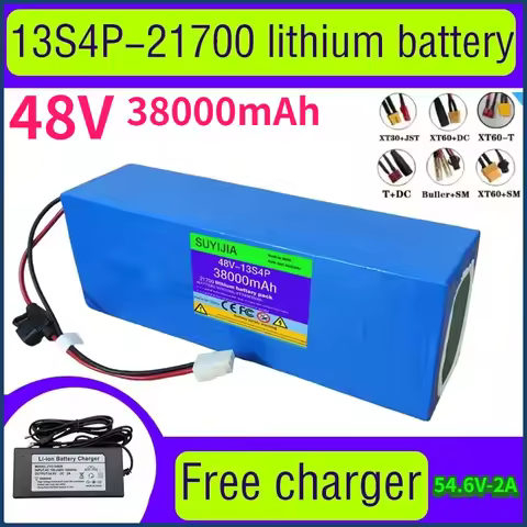 13S4P 21700 lithium battery pack with free 54.6V-2A charger, high power 48V, capacity 38Ah, suitable