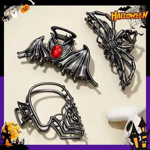 3 Pack Halloween Themed Ladies Large Hair Claw Clips Skeleton Line Spider Bat Red Diamond Detail Hol