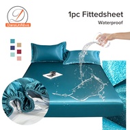 100% Waterproof Bedsheet Plain Ice Silky Fitted Sheet Single/Super Single/Queen/King/Super King Mattress Protector