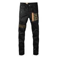 High street fashion men denim black slim fit elastic print embroidery craft hip-hop style men denim 