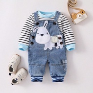 2pcs Baby Boys Winter Striped Long Sleeve Top + Denim Bib Pants 2-Piece Set With Cute Donkey Embroid