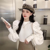Stylish pleated bishop sleeve knitted blouse