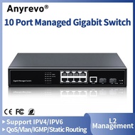 Anyrevo 10 Port Managed Gigabit Ethernet Switch 1000Mbps， 8*1000Mbps Ethernet Port ,2*1000Mbps SFP Port L2 Management Smart Network Switcher for Camera Surveillance Router