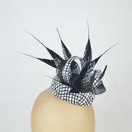 Pillbox Hat in Black &amp; White with Statement Feathers and Sinamay Twirls and Veil