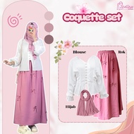 Coquette Set (Blouse Bora Top, Coquette Ribbon Skirt, Pashmina Ceruty) Idea Outfit for Girls Coquett