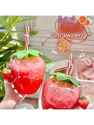 隨機顏色可愛透明草莓杯含蓋管帶,可愛草莓杯奶茶咖啡杯水果杯便攜杯派對飲品器具