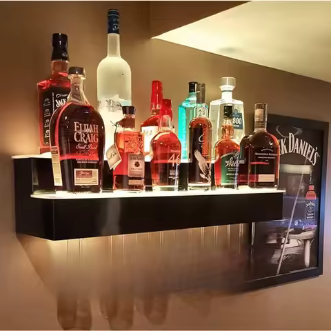 48" 2 Tier Wall Mounted Liquor Display Bar Shelves w/Wine Glass Rack
