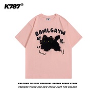 เสื้อยืดแขนสั้นลายปักรูปแมวสไตล์อเมริกันย้อนยุค K787 เสื้อยืดคอตตอนสไตล์ลำลองสำหรับเยาวชนฤดูร้อน 202