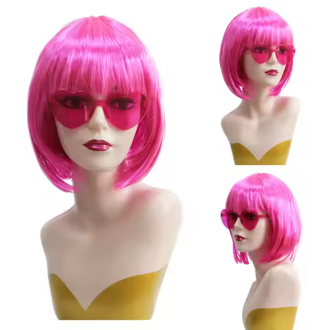 Hot Pink Short Bob Synthetic Wig Bangs Retro Y2K Women Bachelorette Halloween Club Carnival Cosplay 