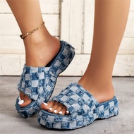Musim Panas Wanita Baru Bertapak Tebal Sandal Pantai Fabrik Denim Selipar Luaran Kasut Wanita