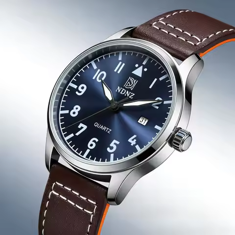 NDNZ Pilot Quartz Watch Retro Casual Men's Watch Brown Leather Strap Business Men's Watch