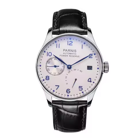 New Fashion Parnis 43mm White Dial Mechanical Watches Men Power Reserve Calendar Waterproof Automati