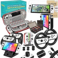 Accessories Kit for Nintendo Switch OLED Games Bundle Carrying Case Screen Protector TPU Case Charging Dock Playstand Game Case USB Cable J-Con Wheels Grips Skin Caps for Nintendo Switch OLED(21 in 1)