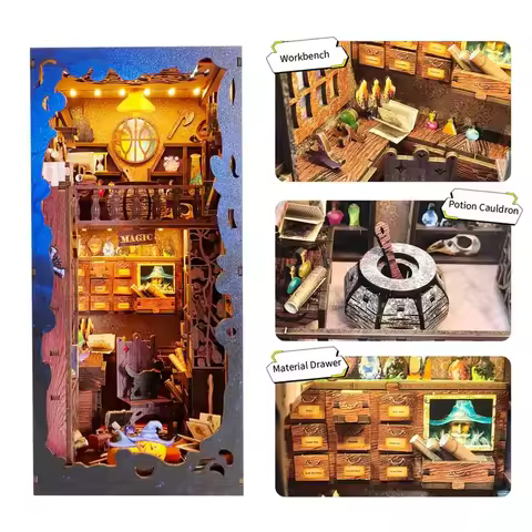 DIY Wooden Shadow Moon Magical Academy Book Nook Shelf Insert Kits Miniature Model Kit With Lights B