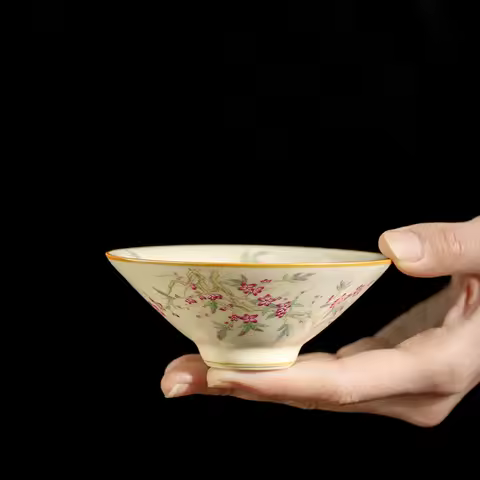 80ML Traditional Beige Ru Kiln Peach Blossom Branch Dou Li Tea Cup Retro Teacup Tea Tasting Cup Kung