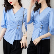 blue blouse for women formal tops for women elegant clothing t shirt korean style XS