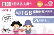 中國聯通 - 6日通話【日韓】日本 韓國 4G/3G無限上網卡數據卡Sim卡電話咭 (每日首1GB高速數據)[H20]