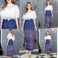 S-4XL Label Love Lady Set Lace Blouse With Blue Printed Sarong Fabric Thai Dress Dress.