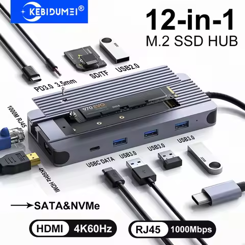 12-in-1 M.2 SSD HUB USB C Docking Station USB C HUB HDMI 4K60Hz/RJ45 1000Mbps/PD100W/USB3.0 5Gbps TY