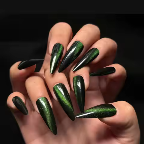 24Pcs Solid Color Green Fake Nails with Jelly Glue Long Almond Press on Nails Cat’s Eye Design Simpl