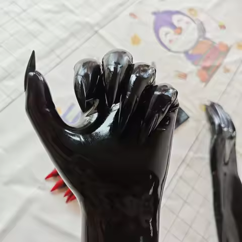 Crossdress Male To Female Oil Shiny black Super Thin Latex Zentai short Red Flat Nails Fetish Sheer 