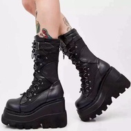 9.5cm platform motorcycle boots, Y2K dark gothic punk mid-calf boots
