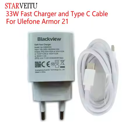 Fast Charger for Ulefone Armor 21 Power Adapter 33W Type-C To Type C Cable EU Plug Travel Charge Bla