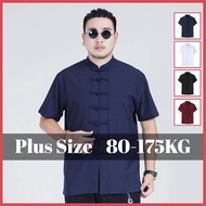 80-175KG Men Plus Size Casual Plain  Mandarin Collar Knot Buttons Shirt