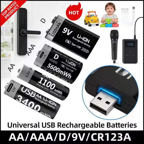 High Capacity AA AAA D Size CR123A USB Rechargeable Lithium Batteries,3400mWh AA + 1100mWh AAA,1.5V 