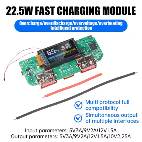 22.5W Fast Charging Module with TFT Display PD QC 20W Dual USB and Type-C for iPhone Samsung Huawei