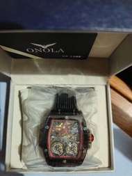 狂降~~~籌醫藥費，全新奢華時尚男士手錶，正版黑紅ONOLA6829品牌鏤空全自動機械手錶防水雙轉飛輪潮流夜光機械錶
