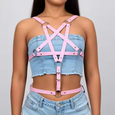 Leather Body Harness Belt, Pentagram Body Cage Harness Punk Grunge Kawaii Rave Pastel Pink,PU Leathe