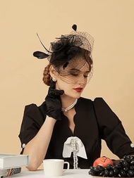 1入女士黑色羽毛和網紗頭紗禮帽，適用於賽馬活動、雞尾酒會和下午茶聚會，1920年代和1950年代的復古髮飾風格，適合聚會、日常穿著和舞台表演