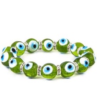 12mm淺綠色土耳其大塊玻璃惡魔之眼配墊圈手鍊，Evil Eye 16顆邪眼手帶 藍眼圖騰邪惡的眼睛魔眼藍白相間圓形眼晴辟邪擋小人時尚潮物(VTR-BRACELET-12EYE-GREEN-LIGHT