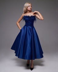 藍色緞面婚紗、緞面晚禮服、A字馬甲婚紗 藍色