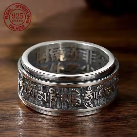 Real 925 Sterling Silver Vintage Rings Rotatable Tibetan Six Words Mantra Rings Om Mani Padme Hum Bu