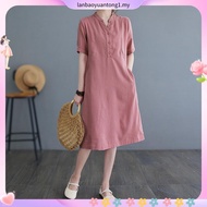 LAHSTORE straight linen dress with train collar, loose sves, youthful emed hem DS33 (Pink)