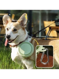 1個綠色可折疊矽膠寵物碗,附旅行鈎提供便攜,適用於戶外狗/貓用餐