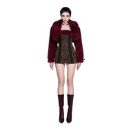 LSOUL Zizi Jacket Faux Fur Cropped Jacket w Studded Faux Leather Straps Luxe Edgy Y2K Party Star Gir