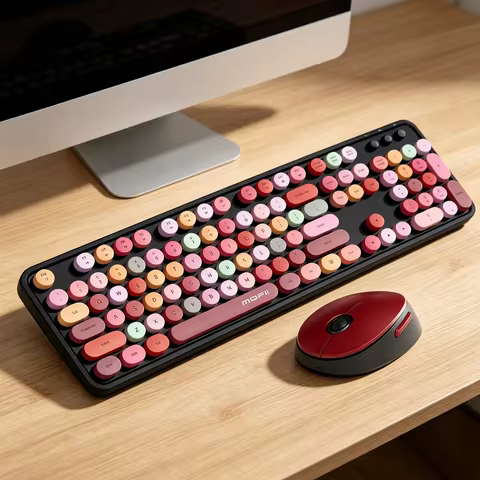 MOFii Sweet Wireless Keyboard Mouse Combo, Retro Round Keycaps Silent Office Keyboard, US QWERTY Lay