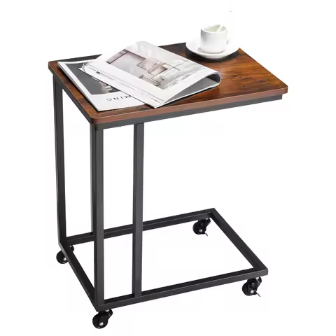 SucceBuy C Table C Shaped Sofa Side Table with Metal Frame Rolling Casters Portable C Shaped End Sta
