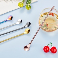 Multifunctional Straw Stainless Steel Smoothie Mixing Cocktail Iced Tea Coffee Milkshake Glass Straws Spoon Metal Drinkware