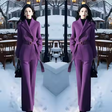 Autumn New Elegant Women's Suit Collar Double Breasted Jacket + High Waist Wide Leg Pants 2-Piece Se