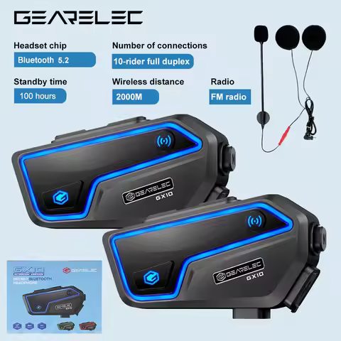 GEARELEC GX10 Motorcycle Intercom Helmet Bluetooth Headset 10 Riders 2km MOTO Communicator Interphon